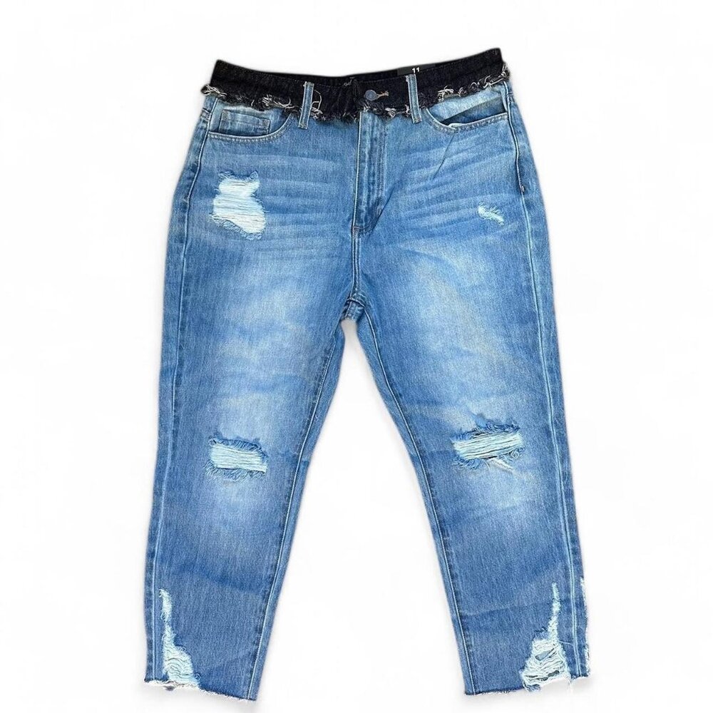 Fashion Nova NWT distressed ripped boyfriend jeans, mixed black denim Size 11